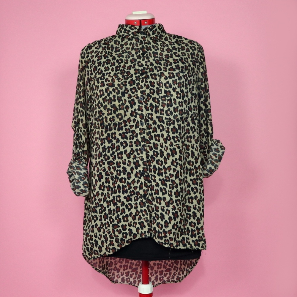 Leopard Print Hi-Lo Hem Long Sleeve Button Up